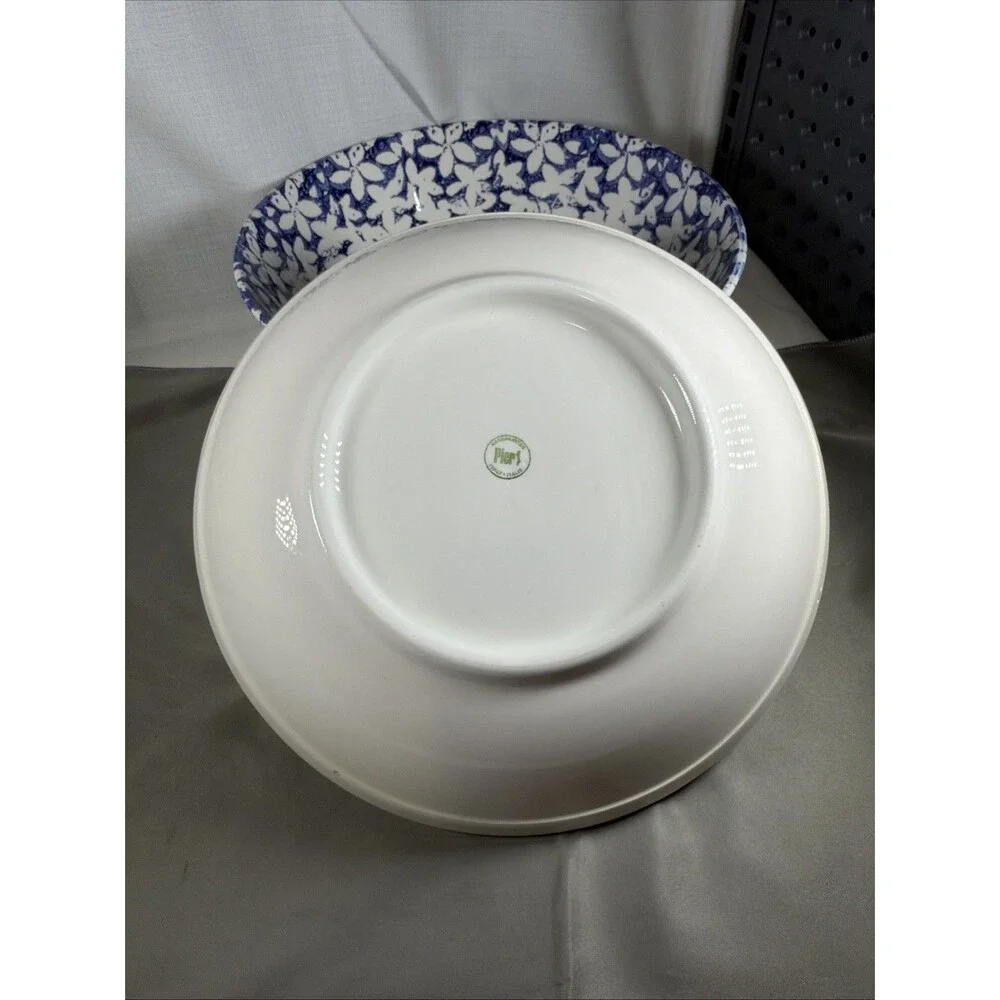 Vintage Pier 1 Italy Hand Painted Blue White Floral Serving Bowls 12
